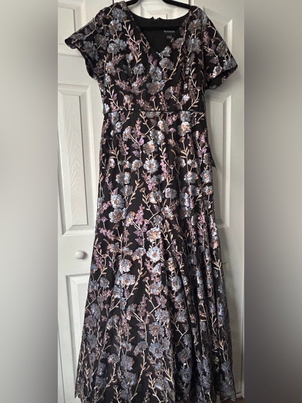 Black Floral Metallic Embroidered Maxi Dress
